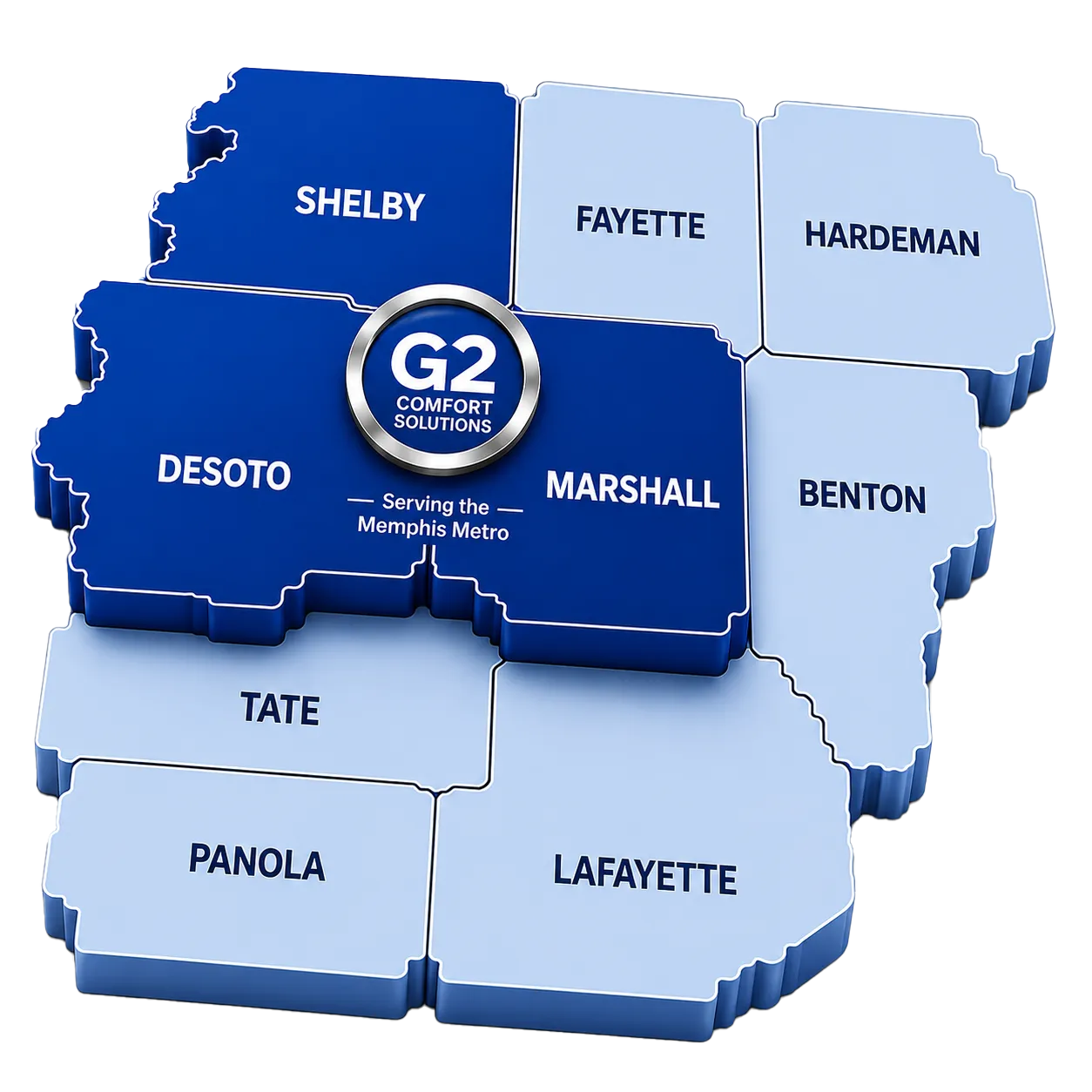 G2 Comfort Solutions service area map covering Shelby, DeSoto and Marshall counties