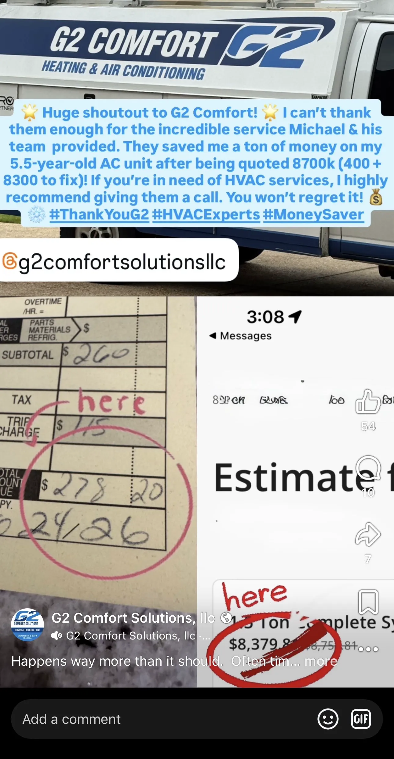 G2 Comfort Solutions repair invoice showing the actual cost